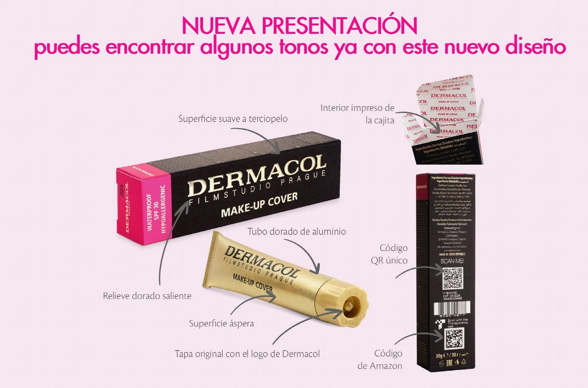 Nueva presentación de Make-up Cover y sus señas: superficie suave a terciopelo, relieve dorado saliente, tubo dorado de aluminio, código QR único