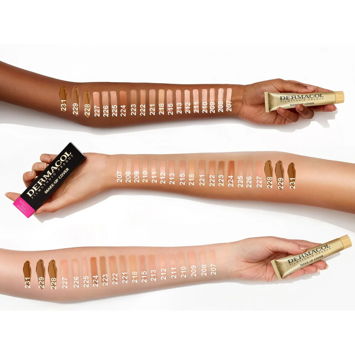 Los tonos de Make-up Cover aplicados sobre tres brazos con distinto tono de piel